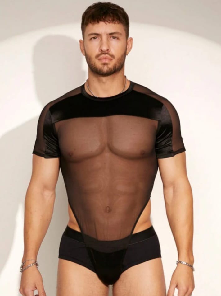 men's mesh contrast skinny bodysuit